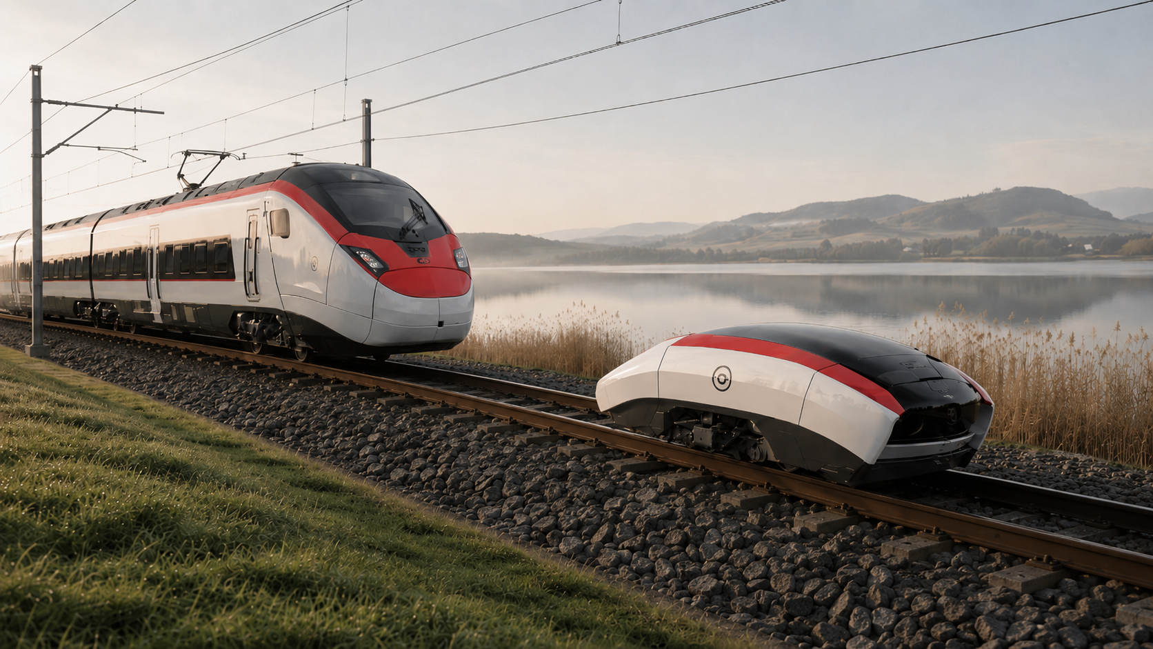 Lok-Buddy für Schweizer Bahnstrecken, autonomes Bahnfahrzeug vor einem modernen Personenzug am Rotsee