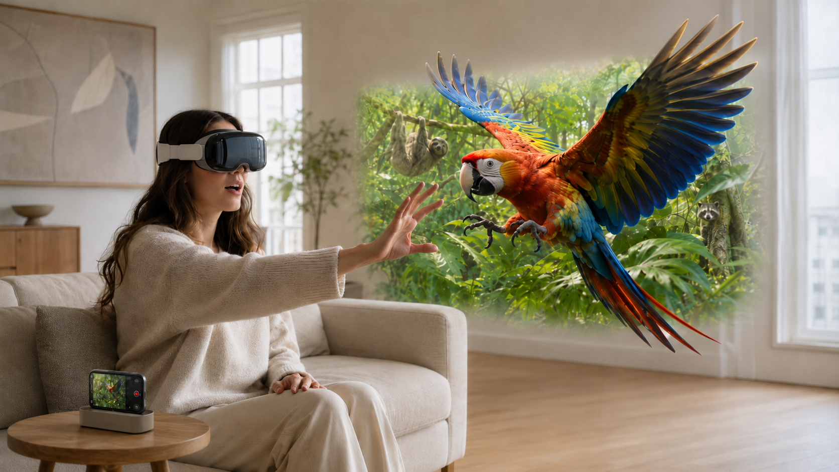 Frau mit Apple Vision Pro erlebt 3D-Urwaldszene aus einer Aufnahme des iPhone 20 Mini Pro