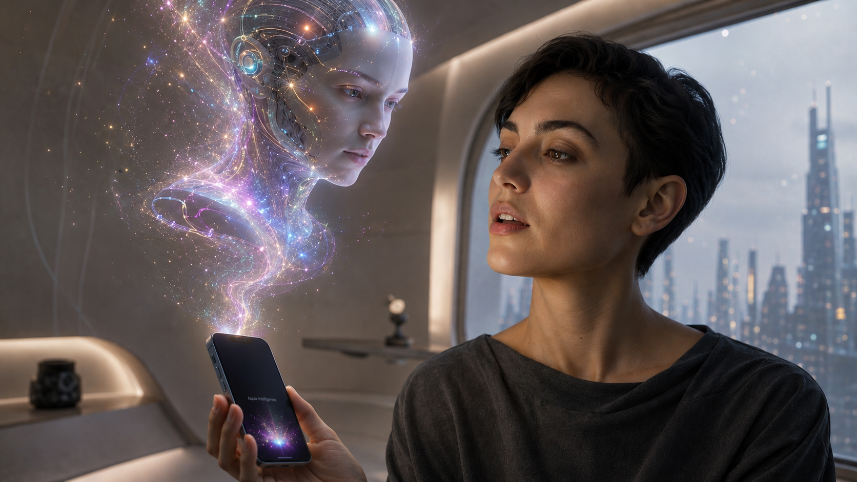 Apple Intelligence Cyborg-Visualisierung wächst aus dem Display des iPhone 20 Mini Pro, futuristische Szene