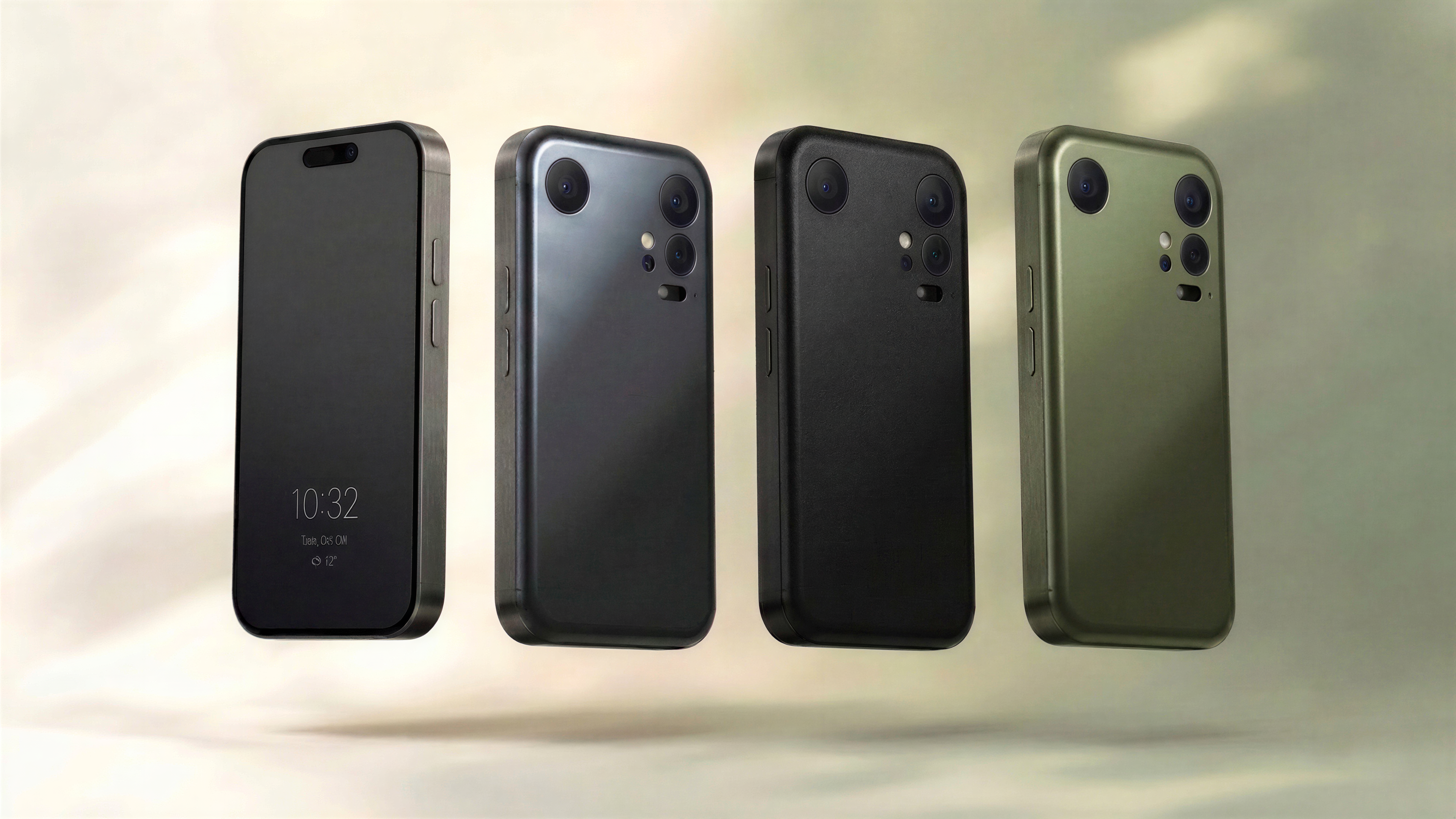 iPhone 20 Mini Pro Concept Study Hero, vier Ansichten mit drei Farbvarianten