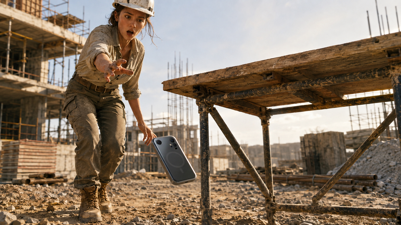 iPhone 20 Mini Pro fällt auf einer Baustelle, robuste Konstruktion ohne Schutzhülle