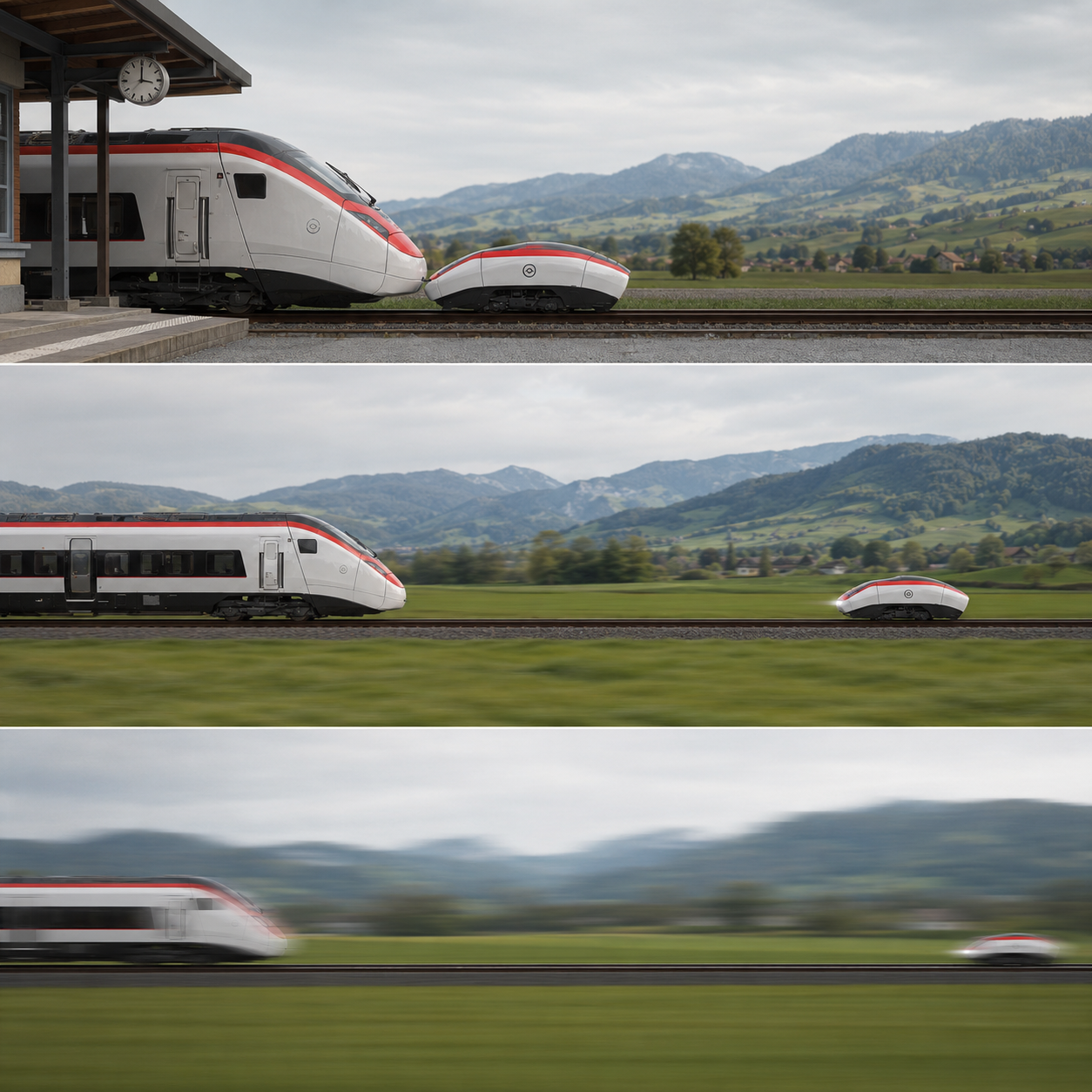 Abstandslogik zwischen Lok-Buddy und Zug bei Stillstand am Bahnhof, mittlerer Fahrt und voller Geschwindigkeit