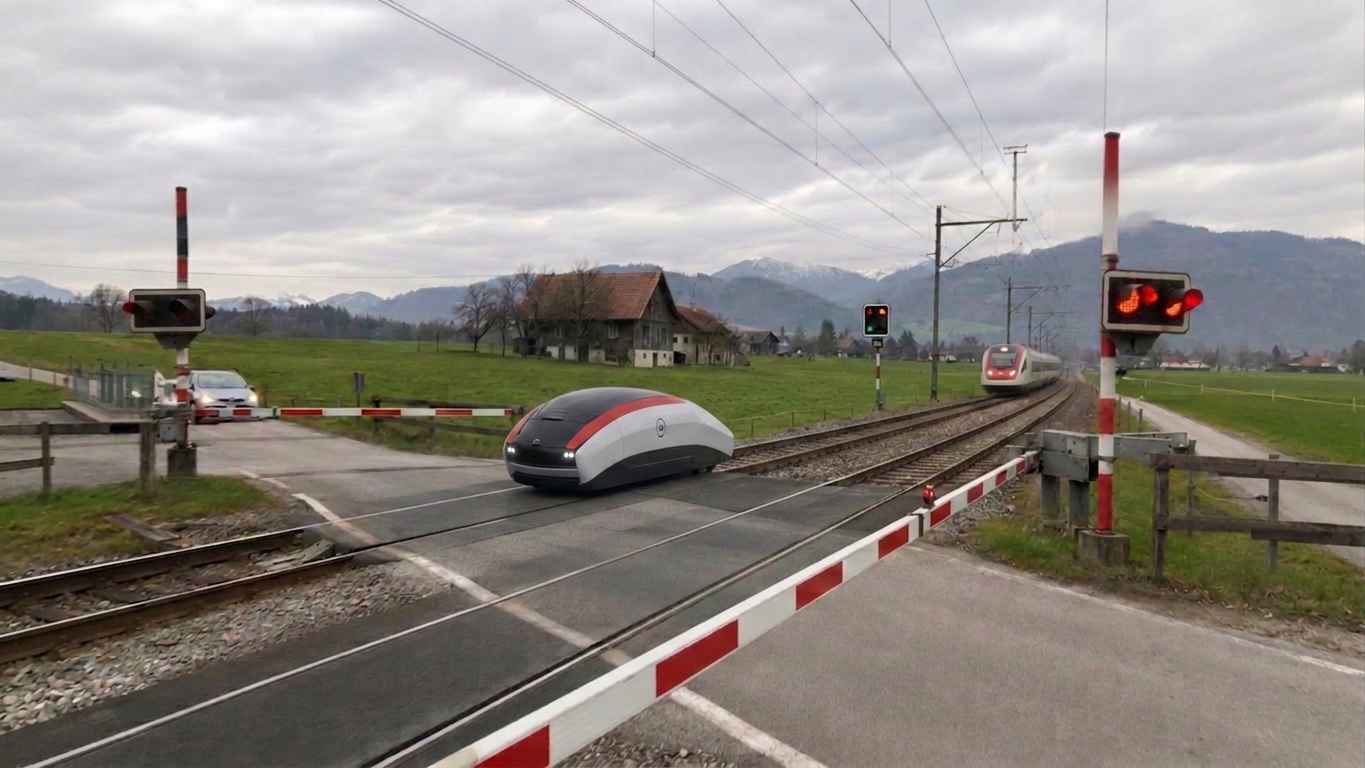 Lok-Buddy fährt mit hoher Geschwindigkeit durch einen Schweizer Bahnübergang mit geschlossener Barriere, Zug im Hintergrund