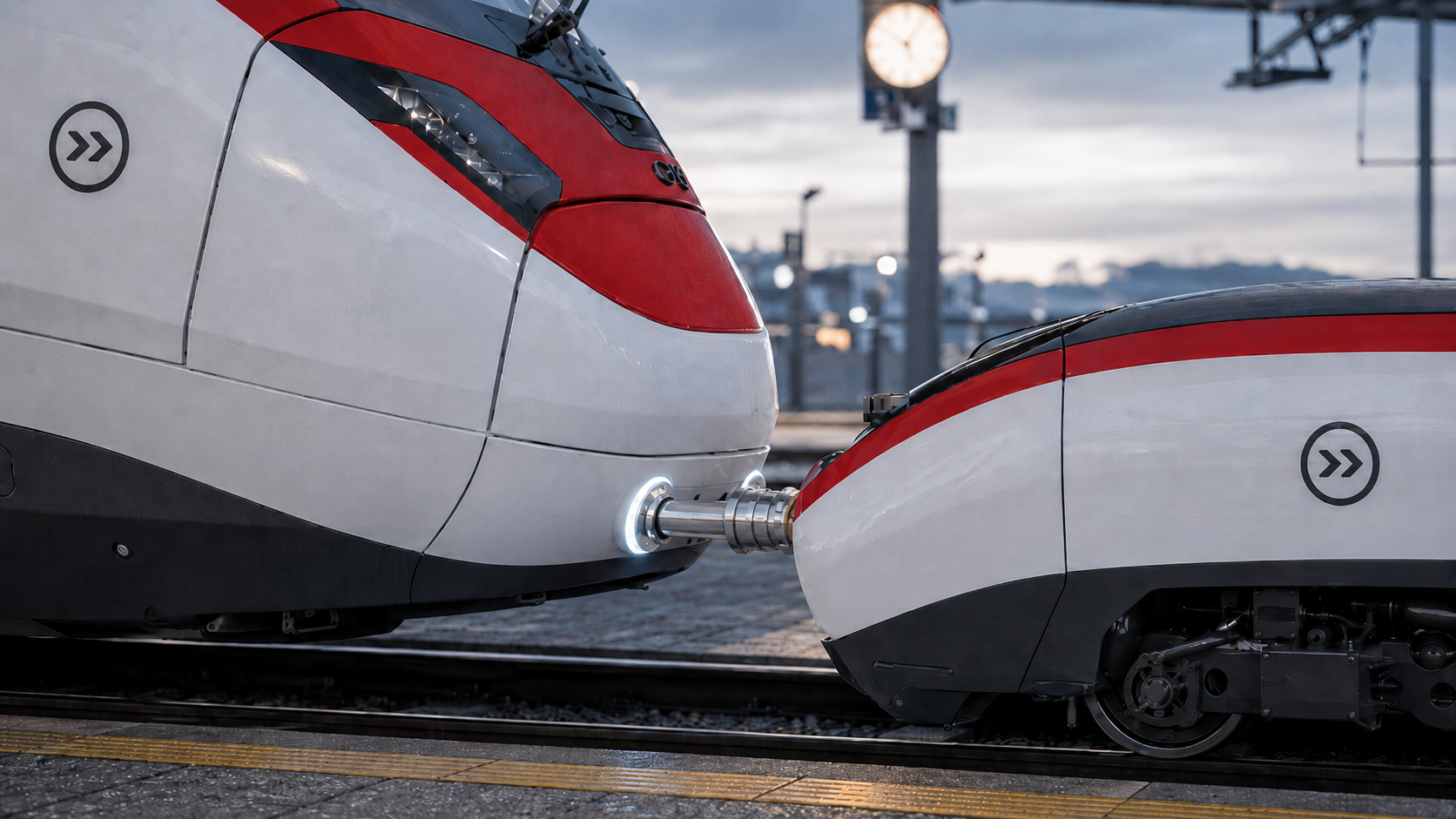Lok-Buddy dockt mit ausgefahrenem Ladekontakt an der Front der Lok an und lädt am Bahnhof in der Morgendämmerung