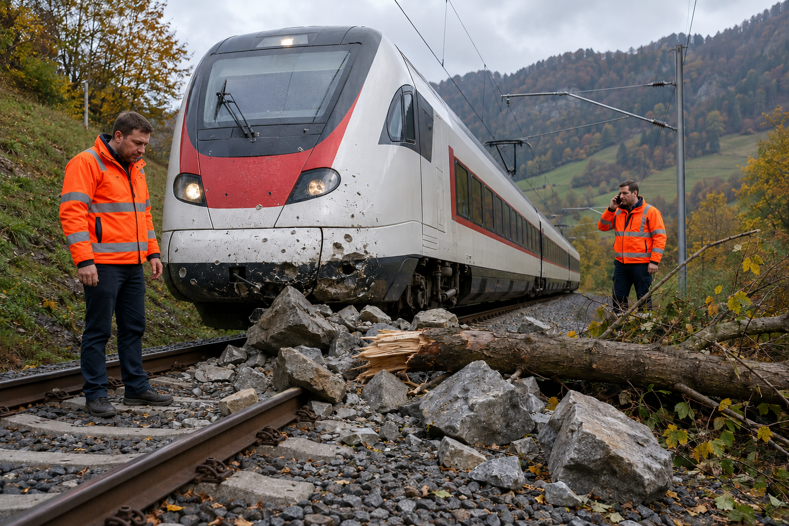 Personenzug nach Notbremsung vor Felsbrocken und umgefallenem Baum auf den Gleisen, Lokführer und Zugbegleiter neben dem beschädigten Triebfahrzeug