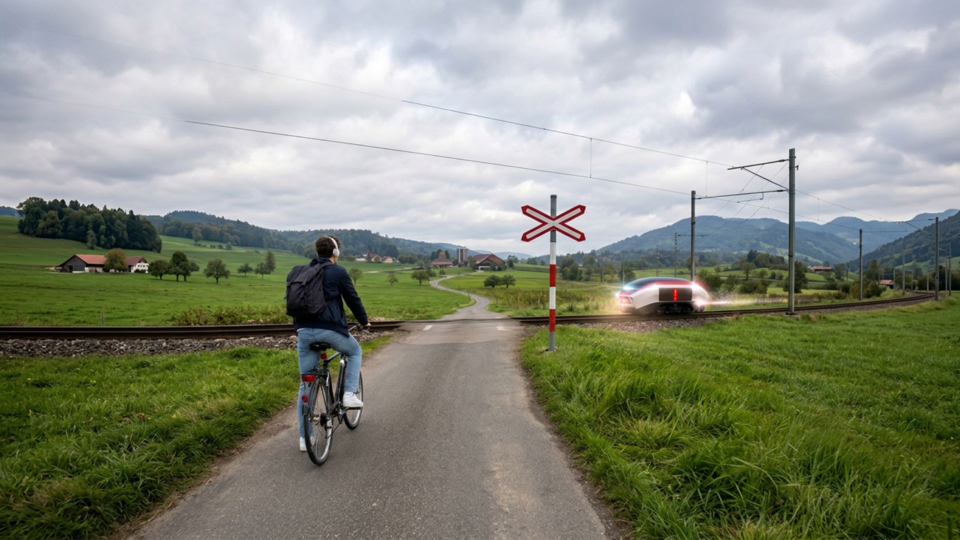 Lok-Buddy warnt mit Strobo-Licht und Display einen unachtsamen Radfahrer mit Kopfhörern an einem unbewachten Bahnübergang