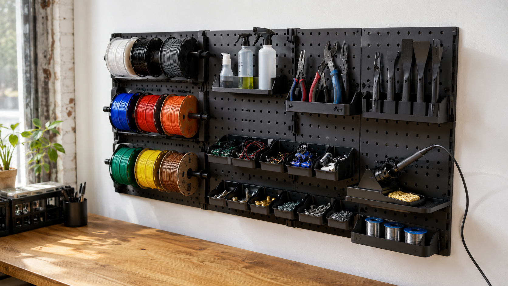 GRID modulares Wandregal 3D-Druck-Werkstatt mit Filamentrollen, Lötkolben und Zangen an der Wand