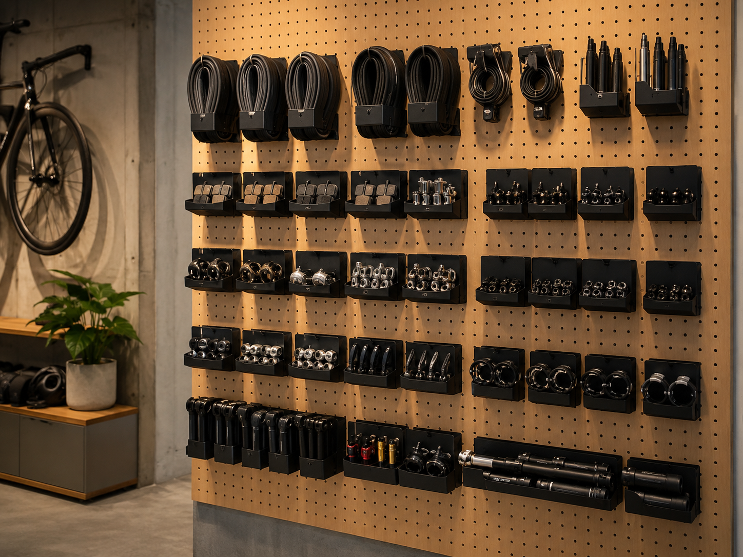 GRID modulares Wandregal Showroom Veloladen — Ersatzteile und Schläuche übersichtlich präsentiert