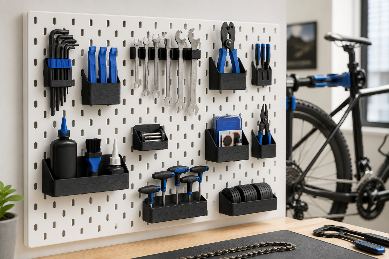 GRID modulares Wandregal Velowerkstatt — Velotools und Flickzeug an 3D-gedruckten Modulen