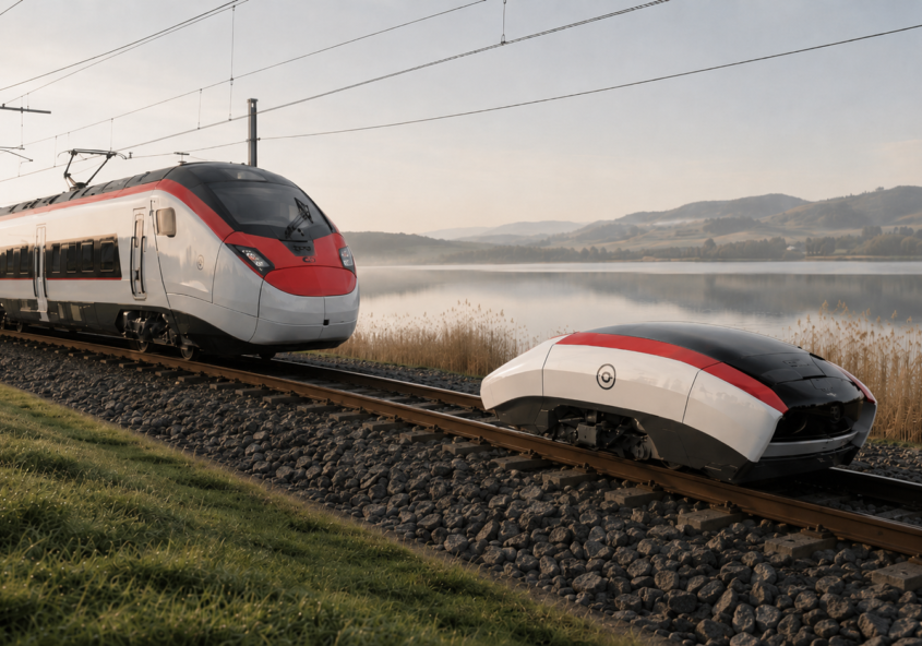 Lok-Buddy für Schweizer Bahnstrecken, autonomes Bahnfahrzeug vor einem modernen Personenzug am Rotsee